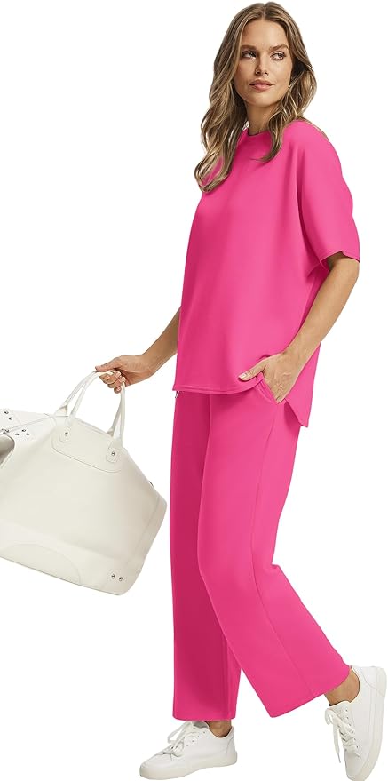 Sampeel Two Piece Sets for Women Summer Outfits Oversized Wide Leg Crop Pants Lounge Sets Airport Beach Vacation Clothes