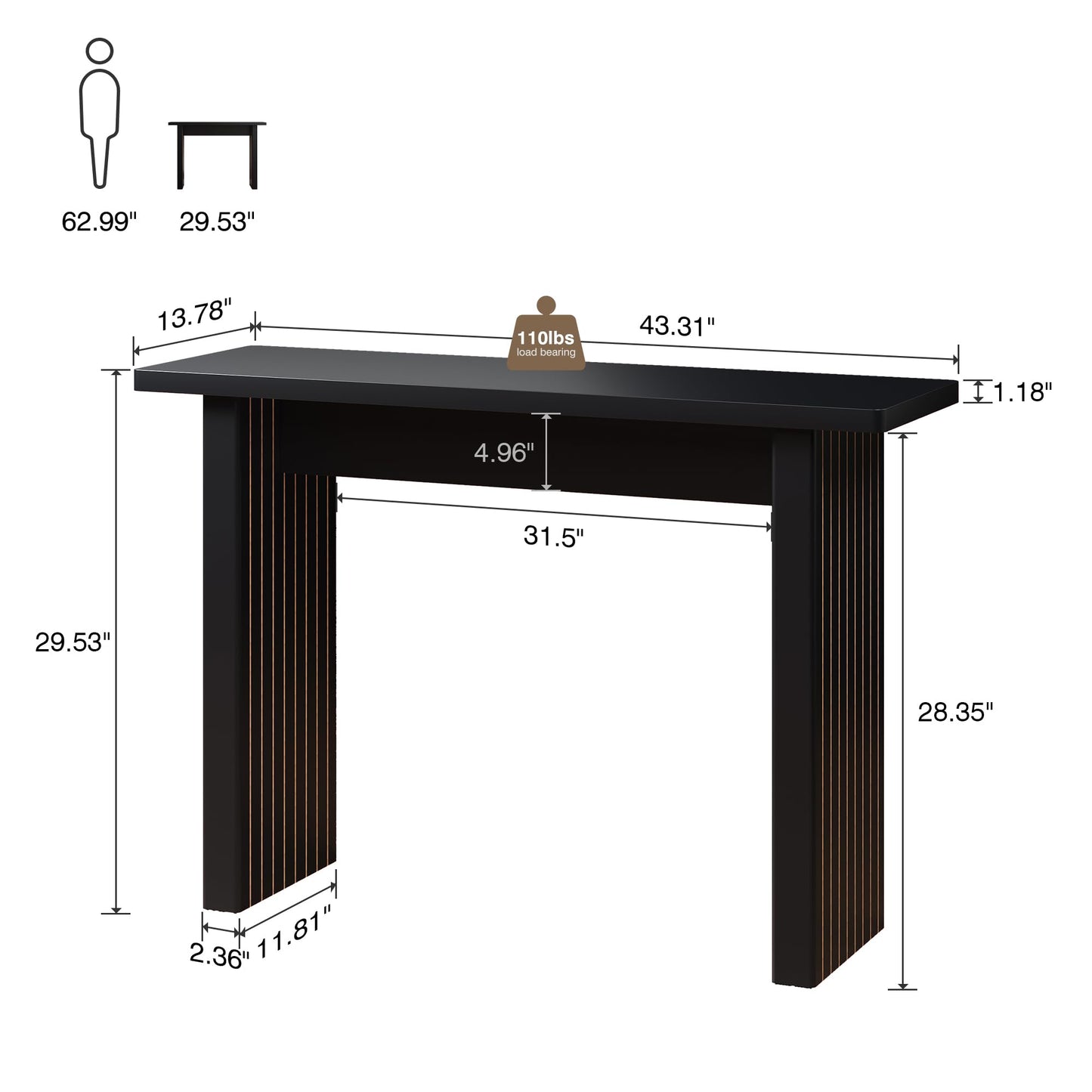 AVZEAR Mid Century Narrow Entryway Console Table, 43.3" Fluted Wood Couch Table Behind Sofa Long and Skinny for Living Room Hallway Entrance Foyer, Black