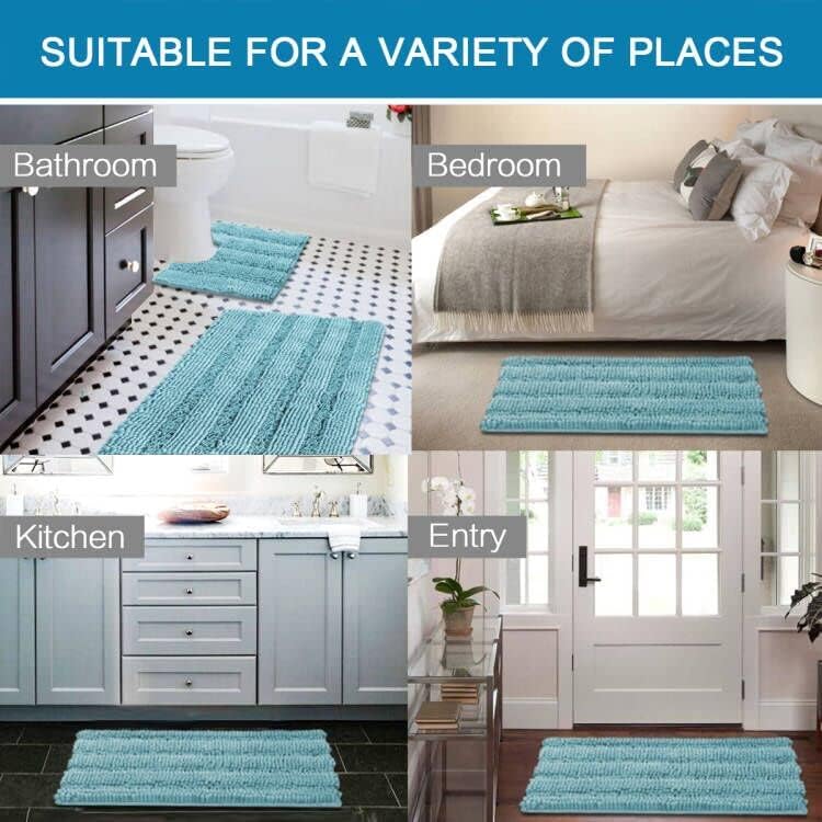 H.VERSAILTEX Bathroom Rugs Bath Rug Set 2 Piece Bathroom Contour Rug Toilet Mat Sets Non Slip Contour Bath Rug Ultra Thick Water Absorbent Striped Bath Mats(36" x 24" Plus 20" x 24" U, Aqua Haze)