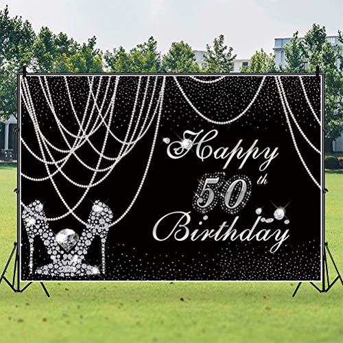 Women Happy 50th Birthday Black and Silver Backdrop for Photography 7x5ft Pearl Curtain Silver Diamond High Heels Sparkly ...
