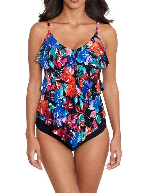 MagicSuit Women's Swimwear Flower Child Rita Soft Cup Tankini Bathing Suit Top Separate, Black/Multi, 12