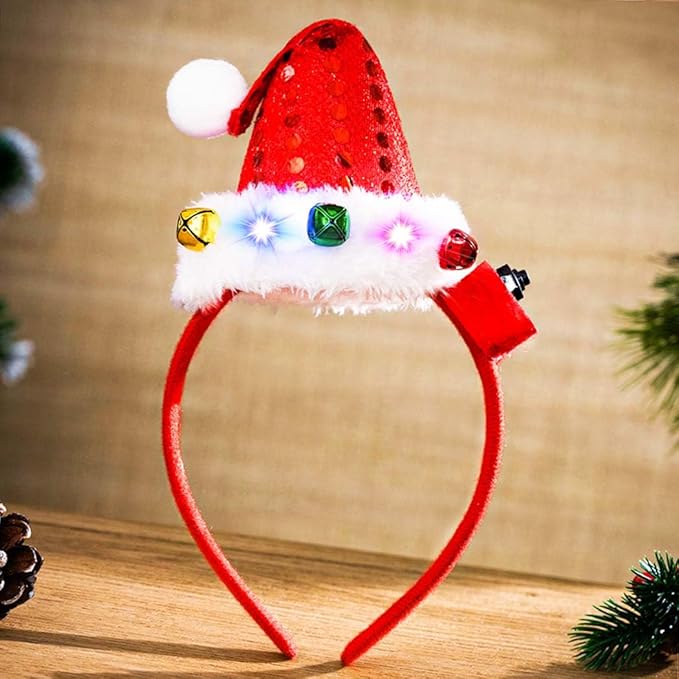 Bafuny Light Up Red Green Santa Hat Headband Christmas Hat Hairband Xmas Bells Head Accessories for Women