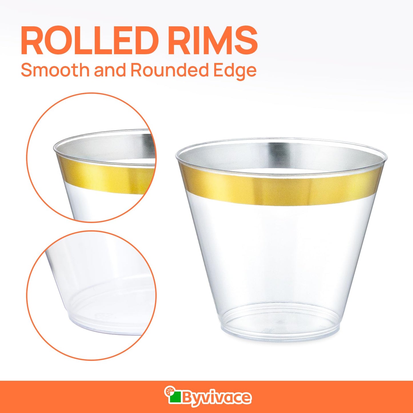 Byvivace 100Counts 9 OZ. Disposable Cups Old fashioned Party Tumblers, 9 Ounce Squat Cups Gold Rimmed Hard Plastic Party Wedding Cups with Gold Rim