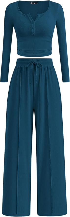 PRETTYGARDEN Women's 2026 Fall Trendy 2 Piece Outfits Lounge Sets Long Sleeve Top Henley Shirts Wide Leg Pants Travel Clothes