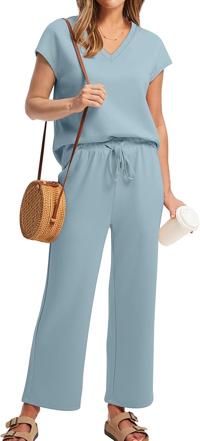 Saloogoe Two Piece Sets for Women Summer Outfits Lounge Sets V Neck Tops Wide Leg Pants Woman Vacation Travel Outfits