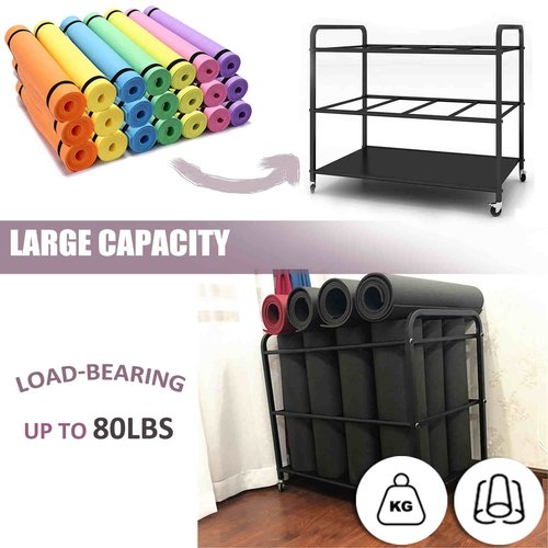Yoga Mat Storage Rack Basket Workout Equipment Home Gym Storage Rack with Wheels Black Yoga Mat Holder Exercise & Fitness Organizer for Dumbbell Kettlebells Resistance Bands Yoga Blocks