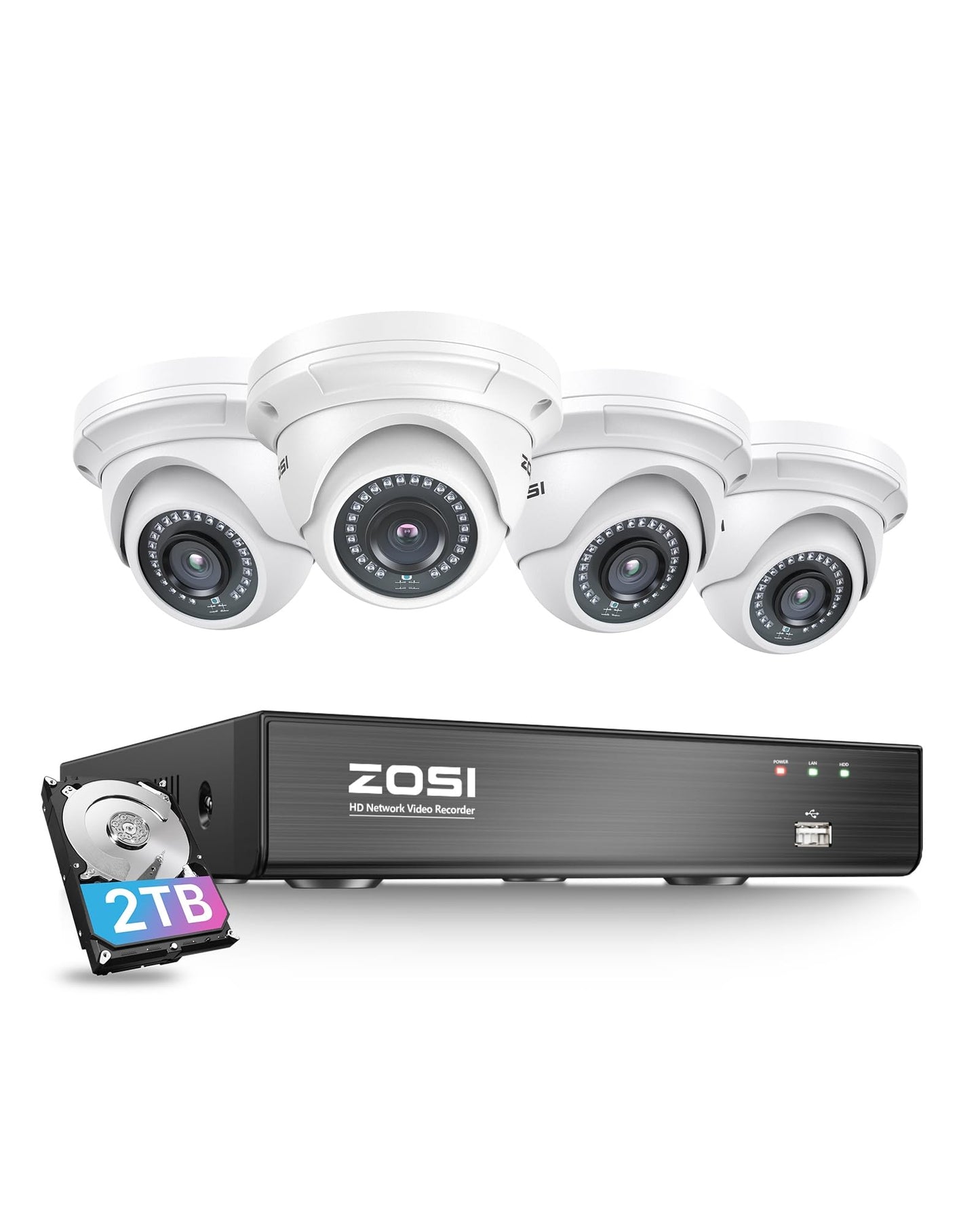 ZOSI 8CH 4K PoE Security Camera System with 2TB Hard Drive,4pcs 3K 5MP Outdoor Indoor PoE IP Dome Cameras,Night Vision,Motion Alert,Remote Access,8 Ports 16CH 8MP NVR Recorder for Home 24/7 Recording
