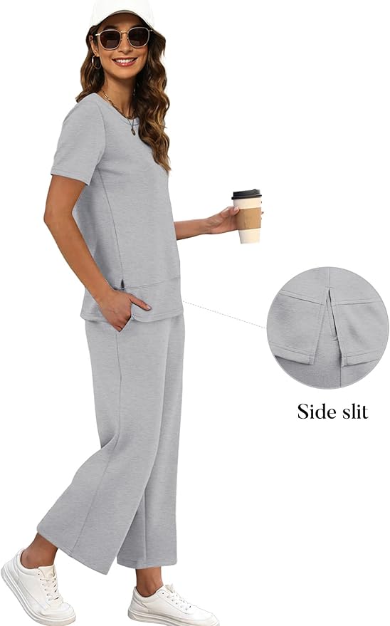 XIEERDUO Women's Side Slit Lounge Sets 2026 Fashion 2 Piece Travel Outfits Cozy Loungewear Wide Leg Tracksuits S-3XL