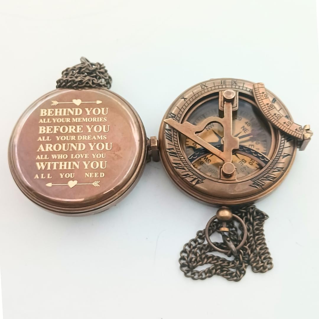 BEHINDE You Engraved Sundial Compass with Leather Case. Personalized Brass Pocket Compass Gifts for Men, Him, Son