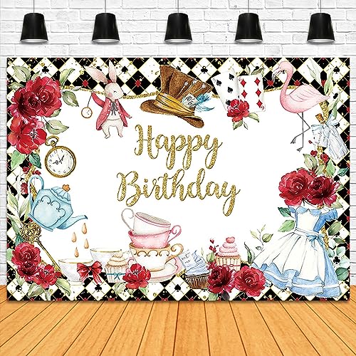 Fitumiw Wonderland Birthday Backdrop 7x5ft Tea Party Happy Birthday Background Party Decorations for Kids Fairy Tale Banne...