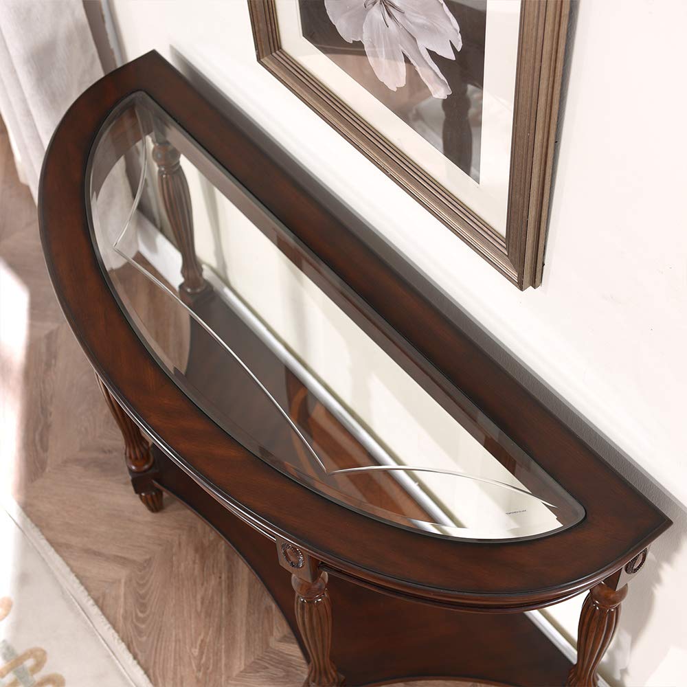 PADMA HOUSE Traditional Solid Wood Semi-Circle Sofa Table with Tempered Glass Top for Living Room, Cherry Walnut