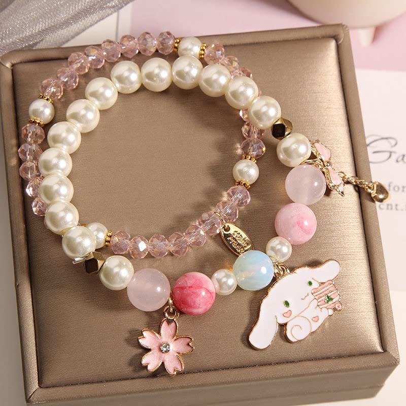Cinnamoroll Crystal Beads Bracelet Set Cute Cartoon Elastic Beaded Pearl Anime Bracelets Christmas Stocking Stuffers for Women