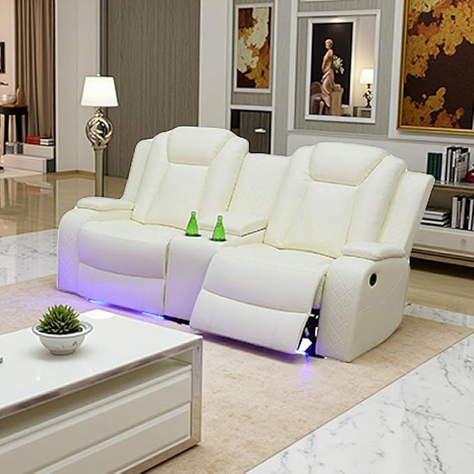 Leather Recliner Loveseat Set with LED Light, Power Leather Sectional Set, Living Room Furniture Sets 2 Seats, Modern Power Reclining Sofa Sets with Storage Console/Cup Holder for RV(Creamy White)