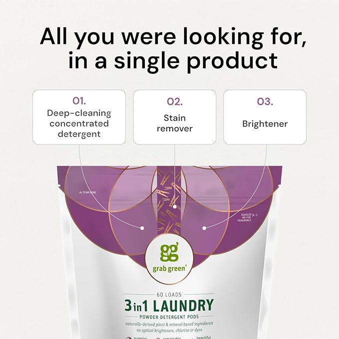 Grab Green 3-in-1 Laundry Detergent Pods, Fragrance Free, Plant and Mineral Based, Superior Cleaning Power, Stain Remover, Brightens Clothes, White, 132 Count