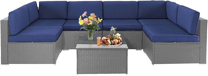 Crownland 7-Pieces Outdoor Patio Furniture Sets, All-Weather Grey Wicker Rattan Sectional Sofa, Modern Glass Coffee Table and Washable Seat Cushion with YKK Zipper (Dark Blue)