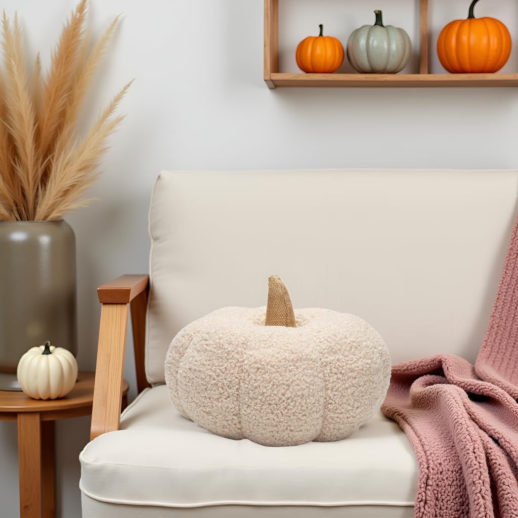 Pearhead Sherpa Pumpkin, Plush Stuffed Halloween Home Decorations, Modern Fall Home Decor, 6.5" x 9", Cream