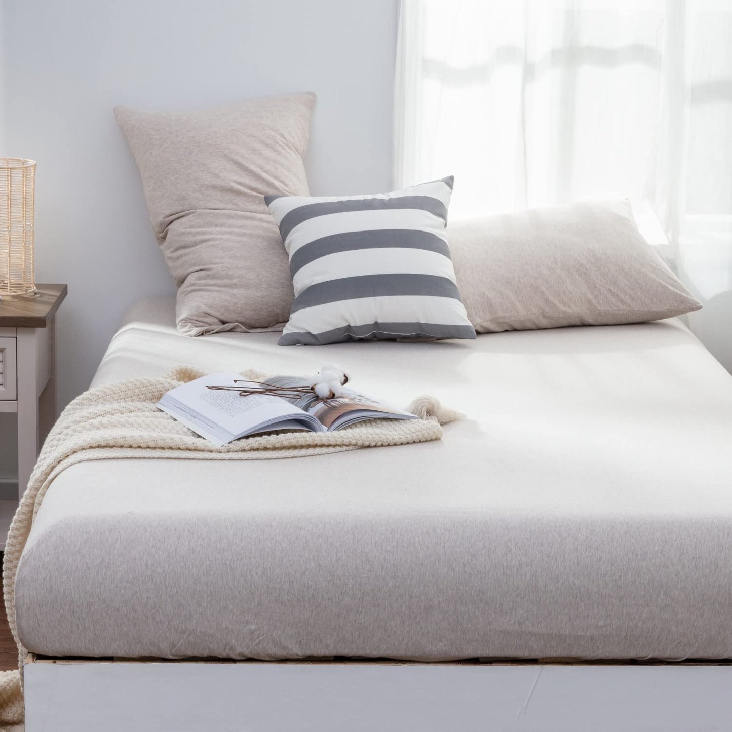 LIFETOWN 100% Jersey Knit Cotton Sheet, Extra Deep Pocket, 1 Fitted Sheet with 2 Pillowcases, Wrinkle-Free Ultra Soft (Heathered Oatmeal Beige, Queen)