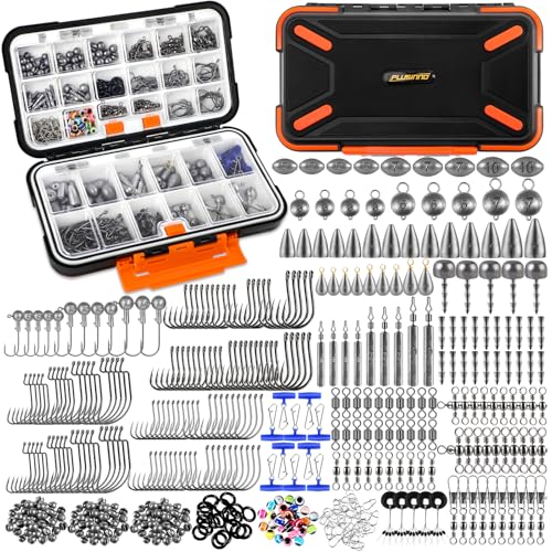 PLUSINNO 264/397pcs Fishing Accessories Kit, Organized Fishing Tackle Box with Tackle Included, Fishing Hooks, Fishing Wei...