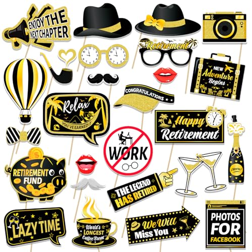 HOWAF Retirement Party Photo Booth Props Kit - 26pcs Selfie Props & 1 Frame, Fun Retire Party Favors