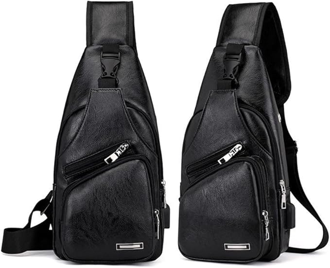 PU Sling Bag Mens Crossbody Bags Chest Bag Daypack Backpack for Men with USB Charge Port Earphone Hole Travel Outdoor Camping