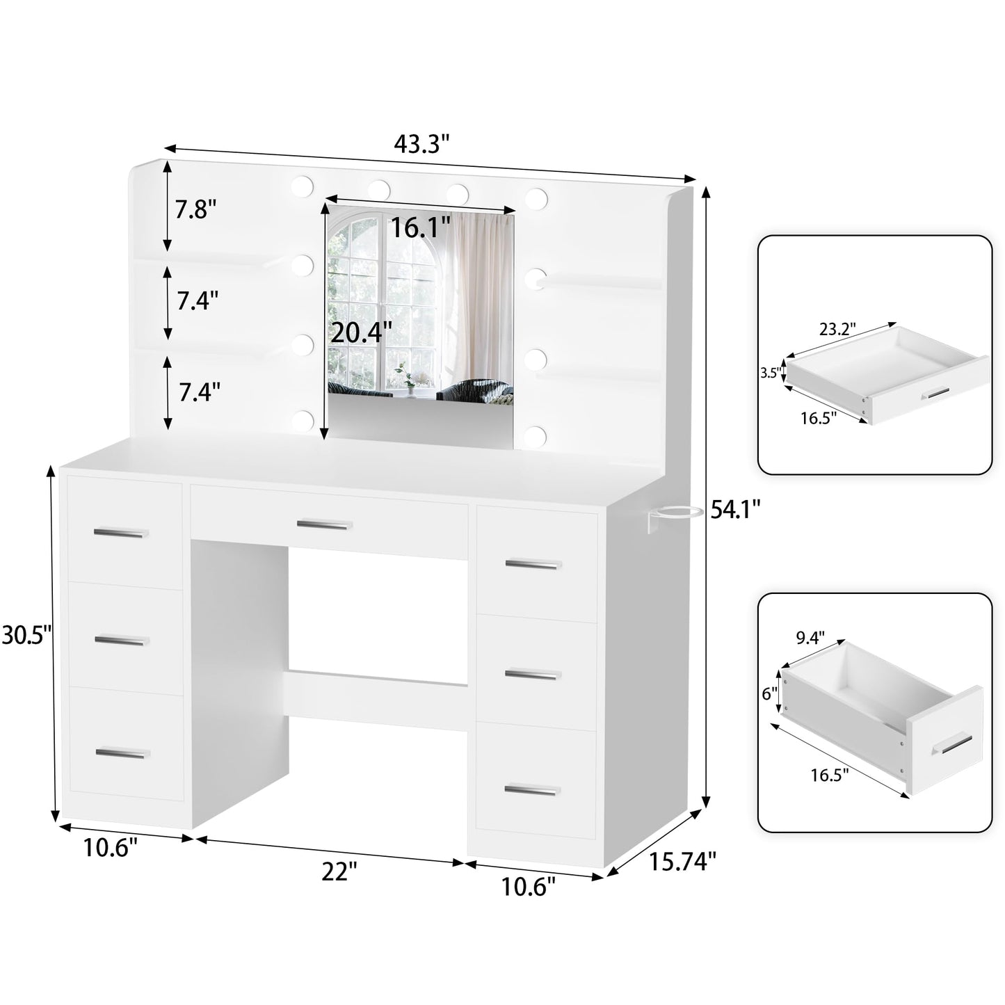 YESHOMY Vanity Desk with Mirror, Power Outlet and 10 Lights, Makeup Table with 7 Drawers, 3 Color Modes Available for Bedroom, Pure White