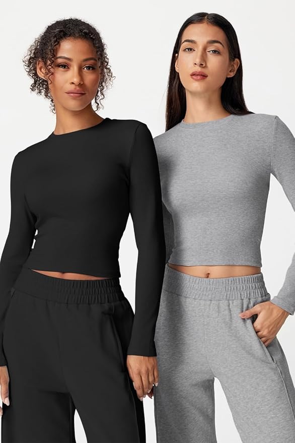 QINSEN Womens 2 Piece Sets Long Sleeve Slim Fit Crop Tops Wide Leg Pants Matching Lounge Set