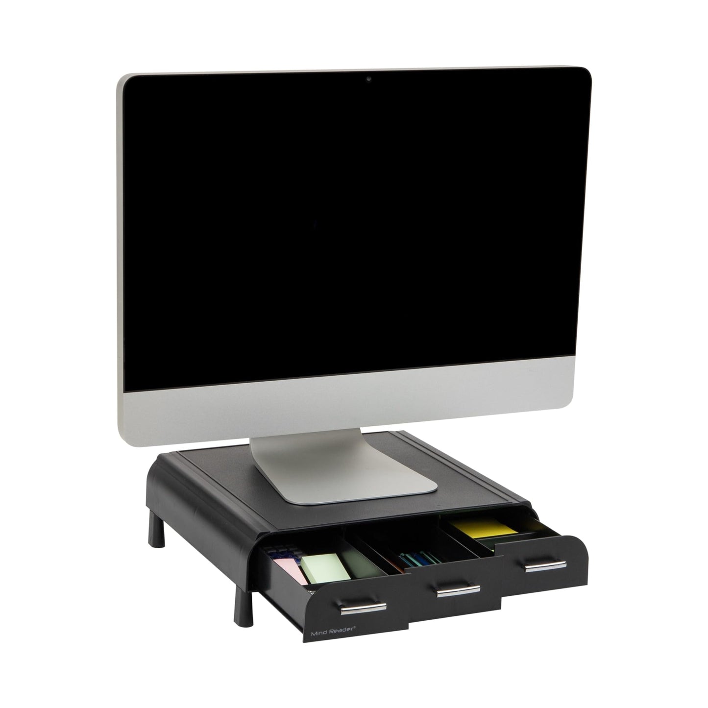 Mind Reader Monitor Stand, Laptop Riser, Desktop Organizer, Storage Drawer, Office, Plastic, 13.5"L x 13"W x 4"H, Black