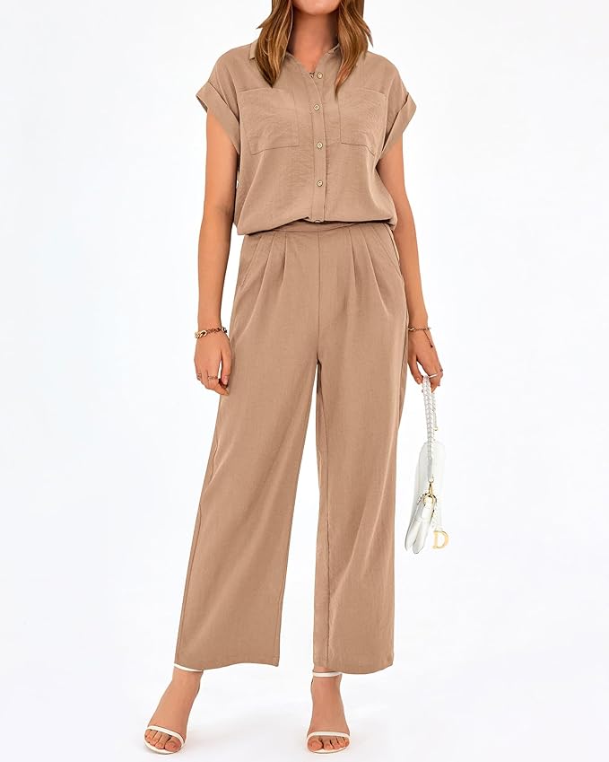 PRETTYGARDEN Womens 2 Piece sets Summer Cap Sleeve Tops Palazzo Pants Dressy Casual Vacation Travel Outfits Tracksuits