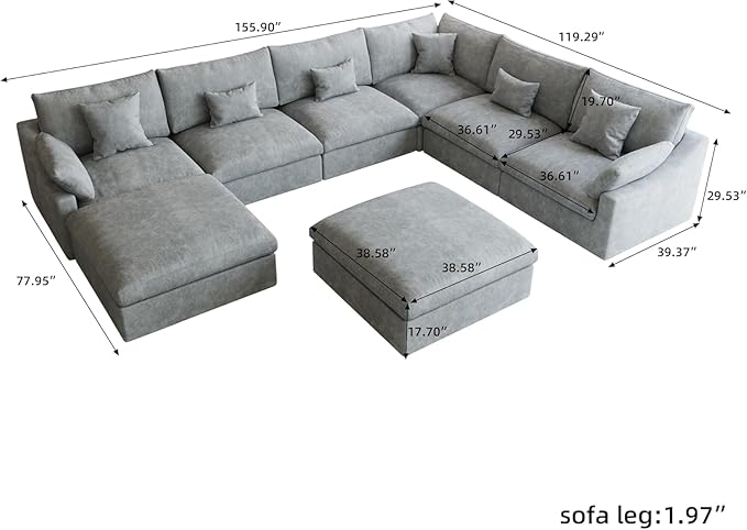 WJShome Cloud Modular Sectional Sofa Couch,156" Oversized U Shaped Sofa with Ottoman,Down Filled 8 Seater Convertible Bed Living Room Set,Covers Washable&Replaceable (Gray)