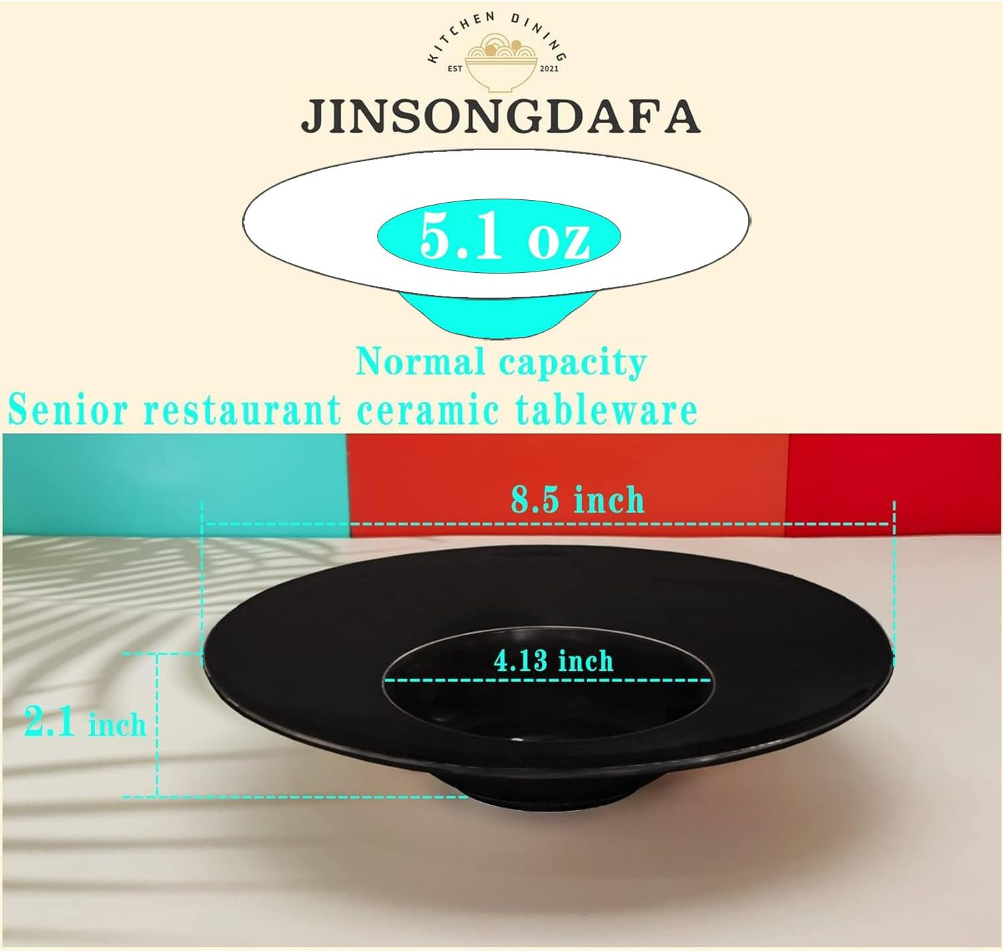 Ceramics Rimmed Soup Bowls 5.1 oz, Black 8.5 inch Exquisite small soup plate Set of 4, Pasta plates With Rim is the best choice for hotels, kitchens, fine restaurants and gourmets