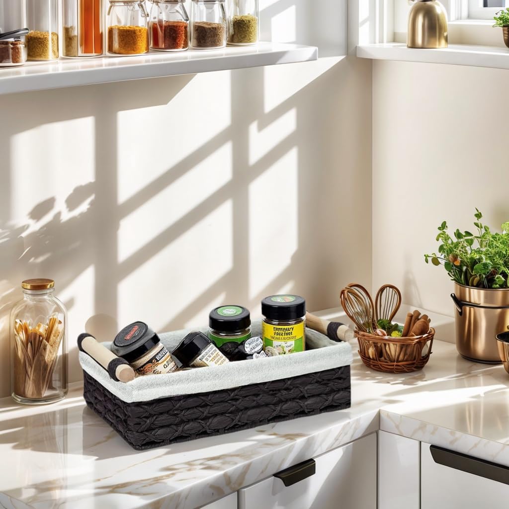 Rattanzenith Set of 2 Handwoven Wicker Storage Baskets with Handles – Small Decorative Organizer Bins for Bathroom, Toilet Tank, Countertop, Toilet Paper Storage, Makeup, Shelf & Home Essentials