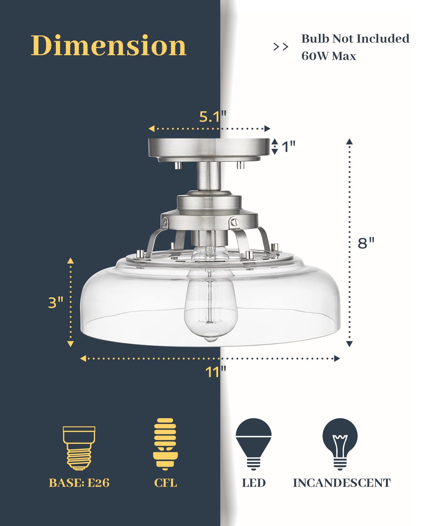 EAPUDUN Semi Flush Mount Ceiling Light, Farmhouse Close to Ceilight Lighting Fixture, Brushed Nickel Finish, Clear Glass Pendant Lamp Shade, SMA1307-BNK