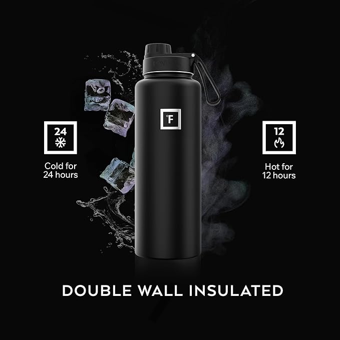 IRON °FLASK Camping & Hiking Hydration Flask with Spout, Wide Mouth Insulated Stainless Steel Sports Water Bottle - 40 oz Midnight Black