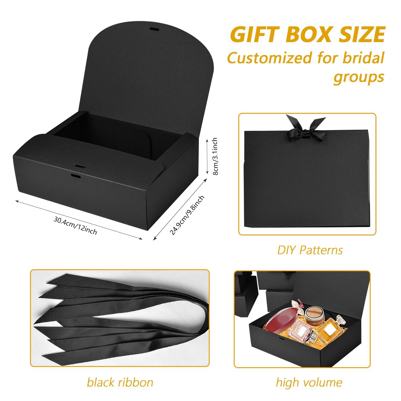 WLUSEAXI 12Pack Black Gift Boxes with Lids, 12×9.8×3.1 Inch Groomsmen Proposal Box, Luxury Black Gift Box with Ribbon for Bridesmaid Box, Graduation, Christmas, Wedding, Birthday, Party