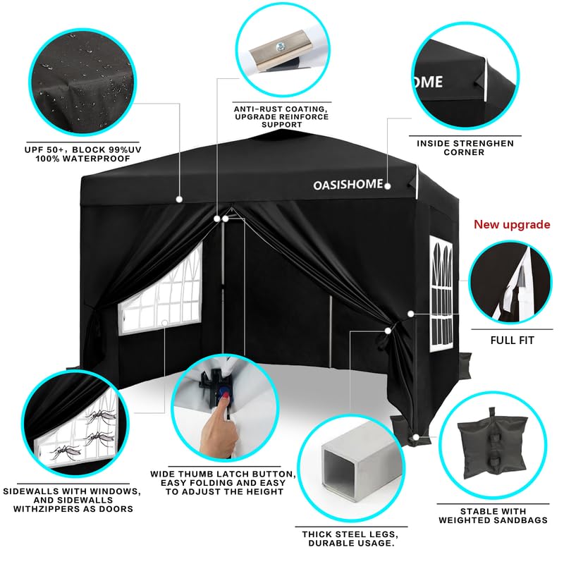 OASISHOME Pop-up Gazebo Instant Portable Canopy Tent 10'x10', with 4 Sidewalls, Windows, Wheeled Bag, for Patio/Outdoor/We...
