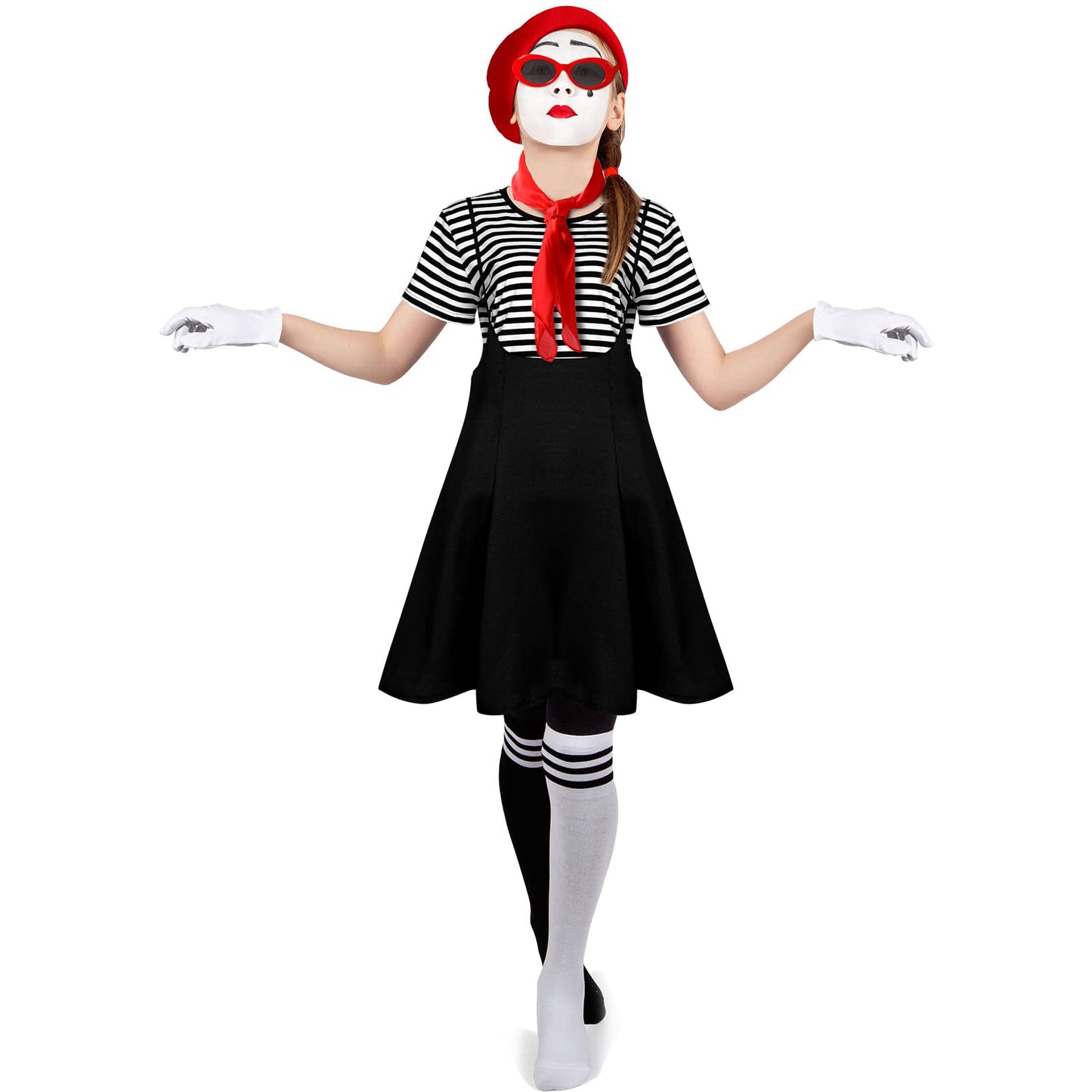 Tisancy 6 Pcs Halloween French Artist Costume Women Outfit Dress, Striped T Shirt, Gloves, Beret, Scarf, Sunglasses(Red Beret,X-Large)