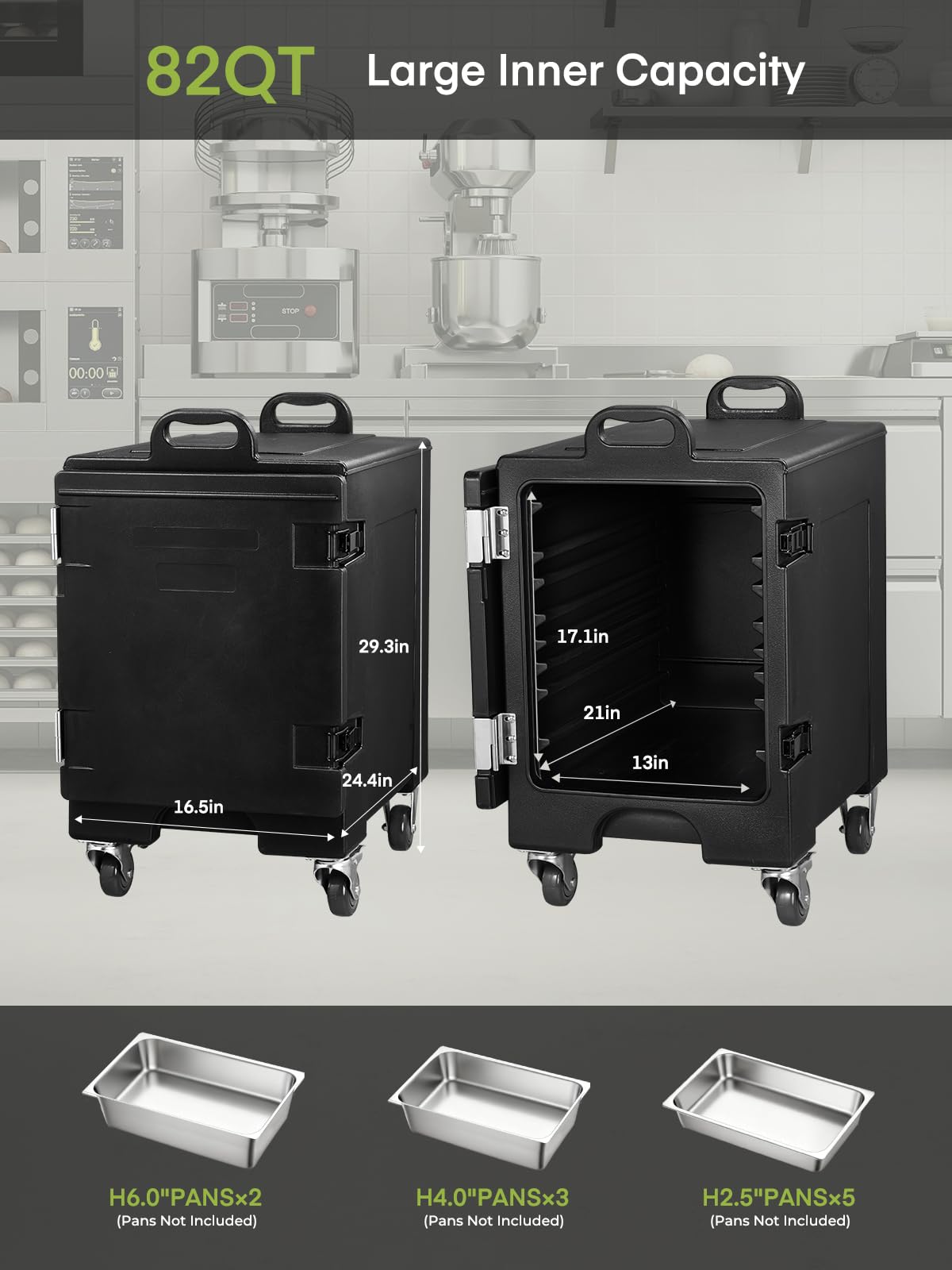 Catering Food Warmer, 82Qt Front Loading Hot Box for Catering, LLDPE Insulated Food Pan Carrier for 5 Full-Size Pan, w/Wheels, Stackable, Handles, Hot Box Food Warmer for Camping, Restaurant