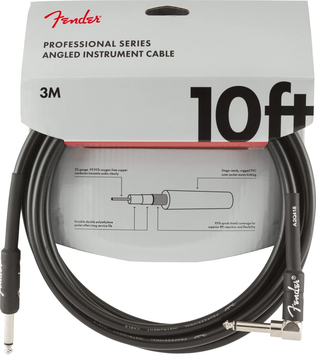 Fender Professional Series Instrument Cable, Guitar Cable, Guitar Accessories, Straight/Angle, Black, 10Ft