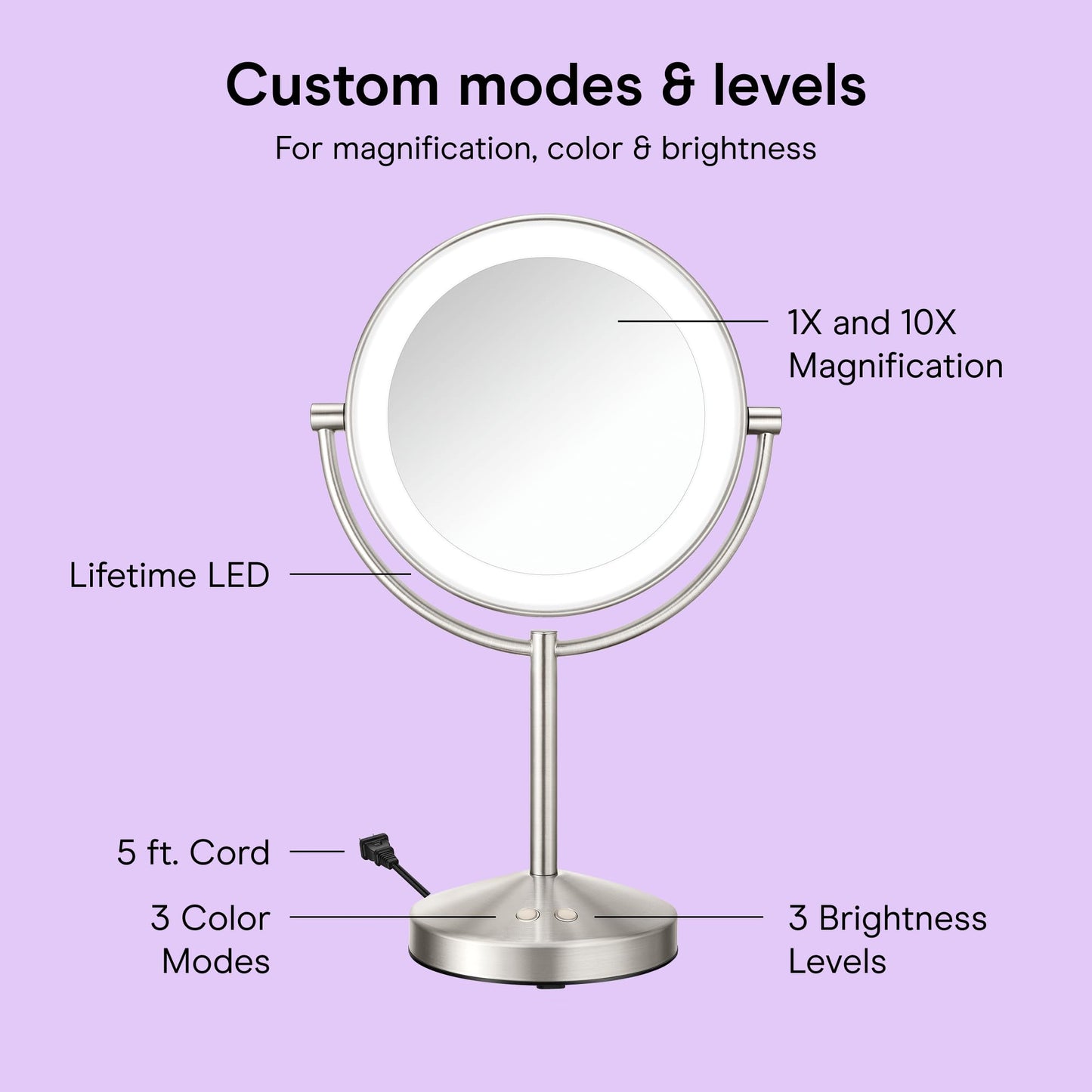 Conair Lighted Makeup Mirror, Double-Sided Vanity Mirror with 1X/10X Magnification, 3 Color Modes and 360 Rotation, Satin Nickel, BE401X2