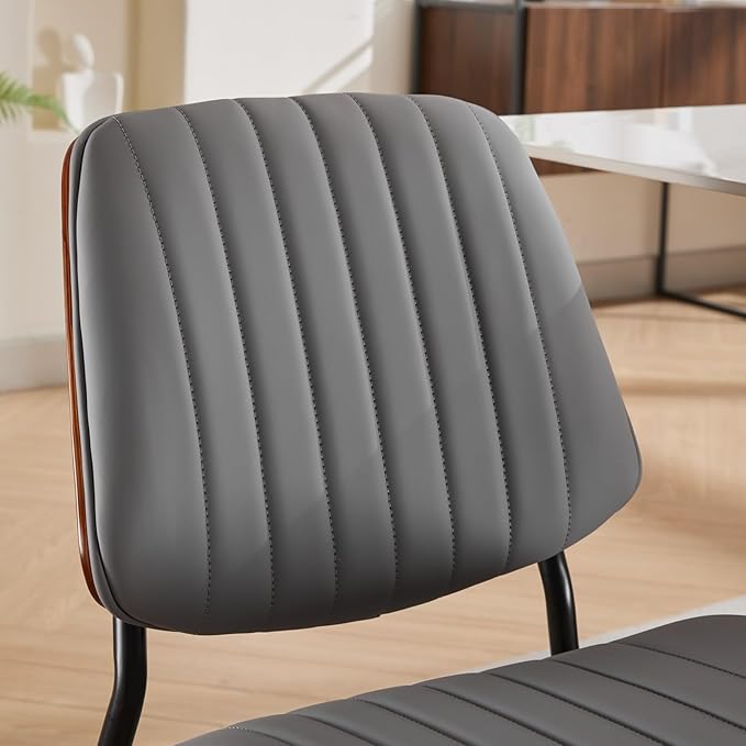 YaFiti Dining Chairs Set of 2, Mid Century Modern Accent Dining Room and Kitchen Chairs, Upholstered PU Leather Vertical Stripe Chairs for Vanity with Walnut Bentwood and Metal Legs, Gray