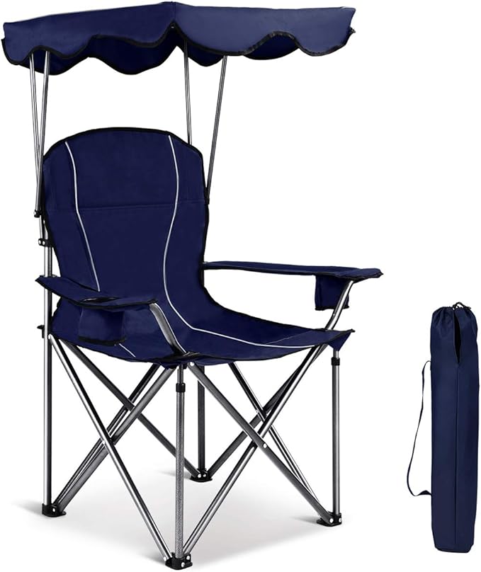 GYMAX Camping Chair, Folding Outdoor Lawn Chair with Canopy, Carry Bag & Cup Holder, Portable Heavy Duty Camp Chair for Ou...