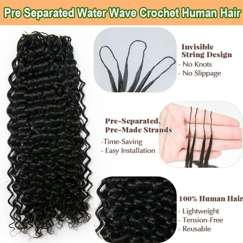 Crochet Human Hair Extensions Water Wave Pre-Separated Curly Crochet Hair Extensions Invisible Micro Loop Crochet Hair Knotless Feather Crochet Human Hair 20inch 60g