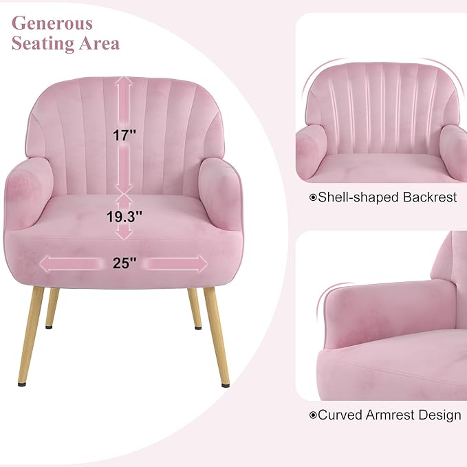 Holiway Velvet Accent Chair, Upholstered Modern Leisure Single Sofa Side Chair, Comfy Tufted Back Armchair with Metal Legs for Living Room/Bedroom/Office/Reading Room, Pink