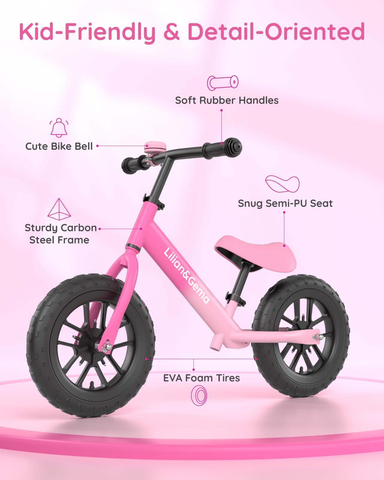 Lilian&Gema Toddler Balance Bike Colorful Lighting, 12'' Kids Balance Bike for 2-5 Years Old with Adjustable Seat & Handlebar, Toddler Gift Bike Suitable for Boys and Girls Ages 2 3 4 5, Pink