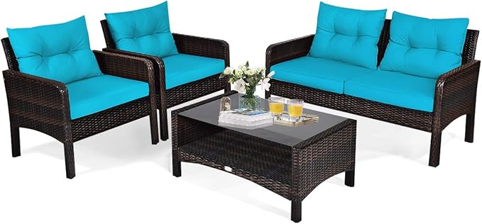 HAPPYGRILL 4-Piece Patio Furniture Set Outdoor Rattan Wicker Conversation Set with Coffee Table, Sectional Sofa Bistro Set with Cushions for Garden Poolside Backyard
