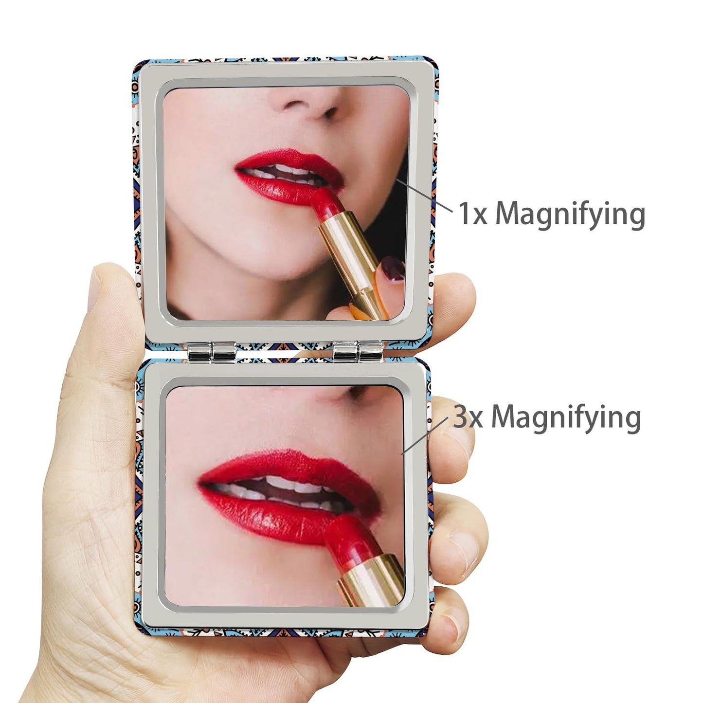 PDOZV Pocket Mirror for Women, Square 2.8    Metal Frame PU Ethnic Style Double Sided Mini Magnifying 1X/3X Mirror for Purse Com
