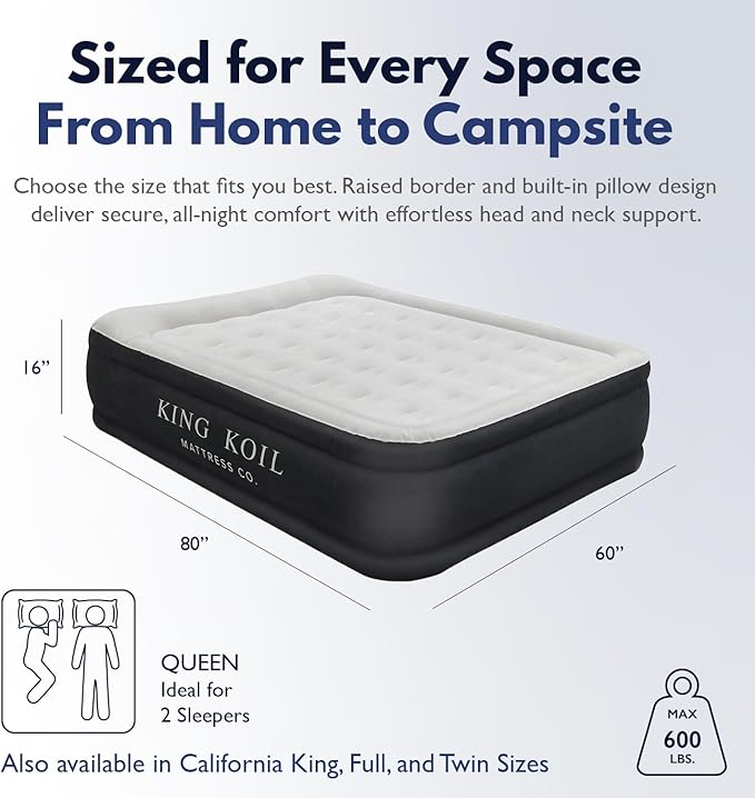 King Koil Luxury Pillow Top Plush Queen Air Mattress with High-Speed Built-in Pump, Blow Up Bed Top Side Flocking, Puncture Resistant, 16" Double High Inflatable Airbed Guests & Travel 1-Year Warranty