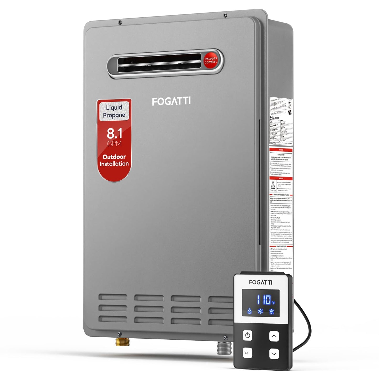 FOGATTI Propane Gas Tankless Water Heater Outdoor - Max 8.1 GPM 180,000 BTU, CSA Certified Compact Design On Demand Instant Hot Water Heater - Instagas Comfort 180S Series