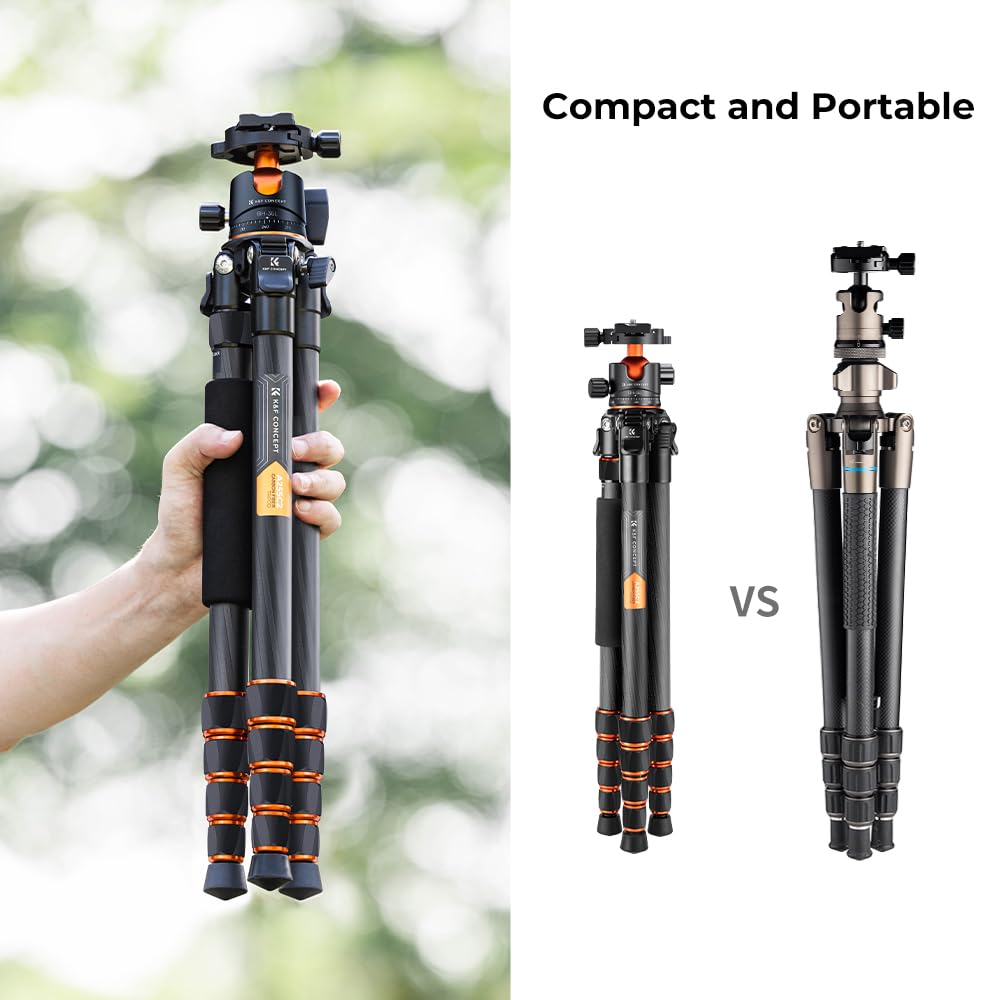 K&F CONCEPT 62" Carbon Fiber Camera Tripod,Portable Compact Tripods with Detachable Monopod,360° Metal Ball Head 15KG/33lbs Load Capacity with Quick Release Plate for Travel and Work A255C2+BH-36L