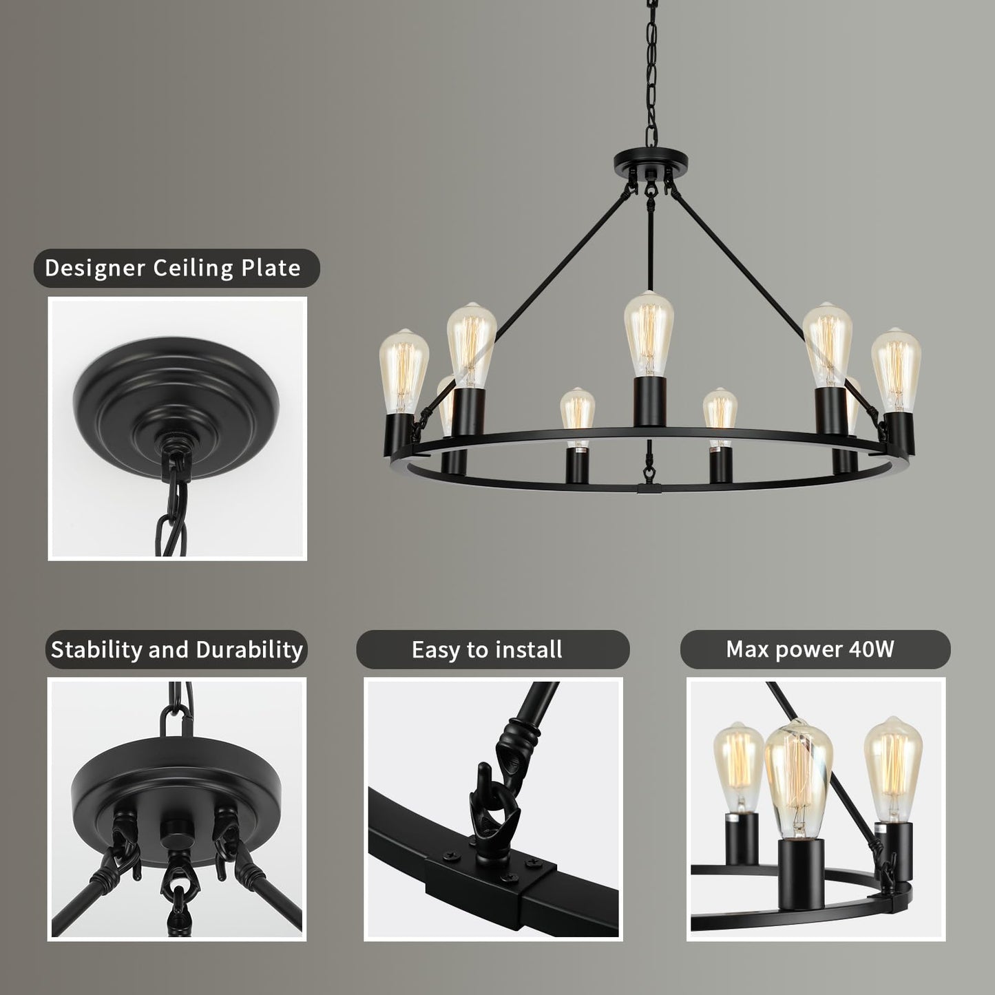 Senyshilon 9-Lights Farmhouse Chandelier | Dia 32'' Black Wagon Wheel Chandelier | Rustic Hanging Dining Room Light Fixture | Apply to Living Room | Kitchen Island | Entryway | Foyer